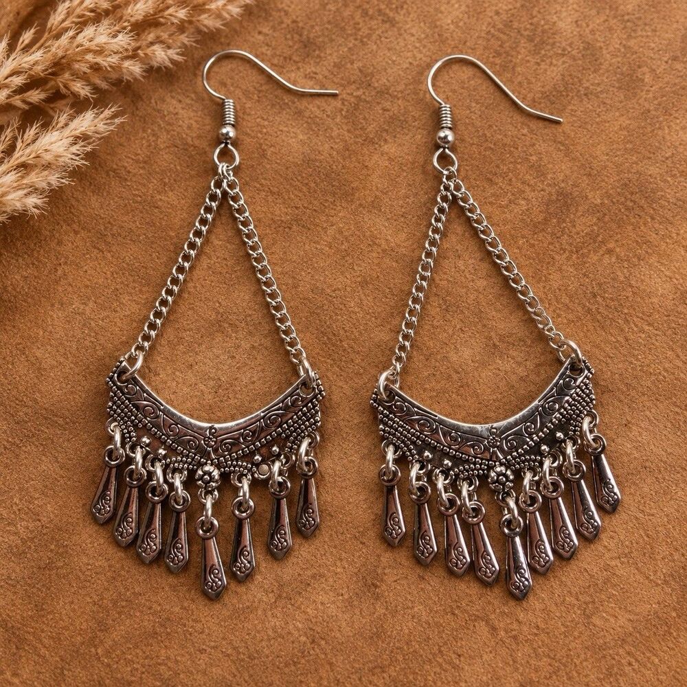 Silver Tone Boho Chandelier Earrings Red Bead Fringe Festival Western Dangle